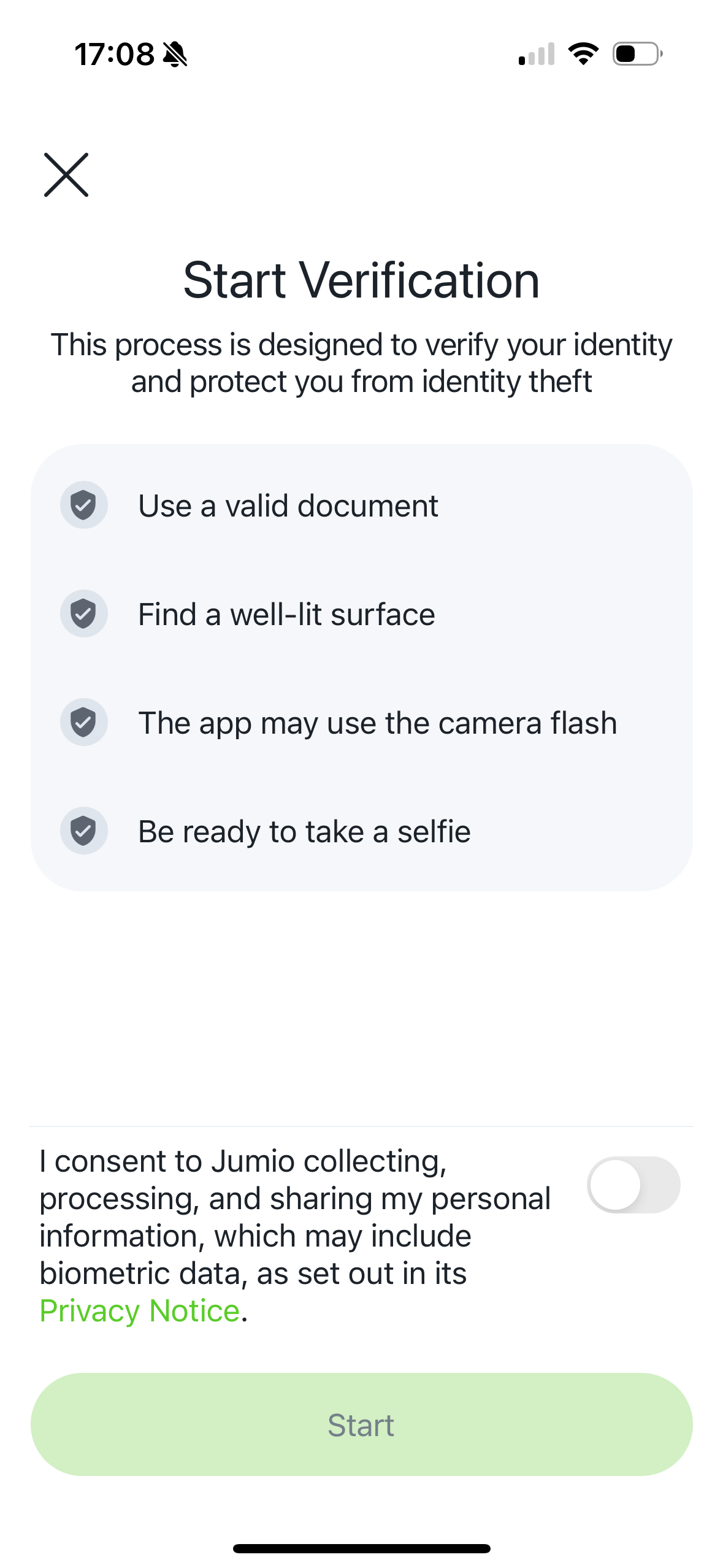 Acquiring active user consent (off)
