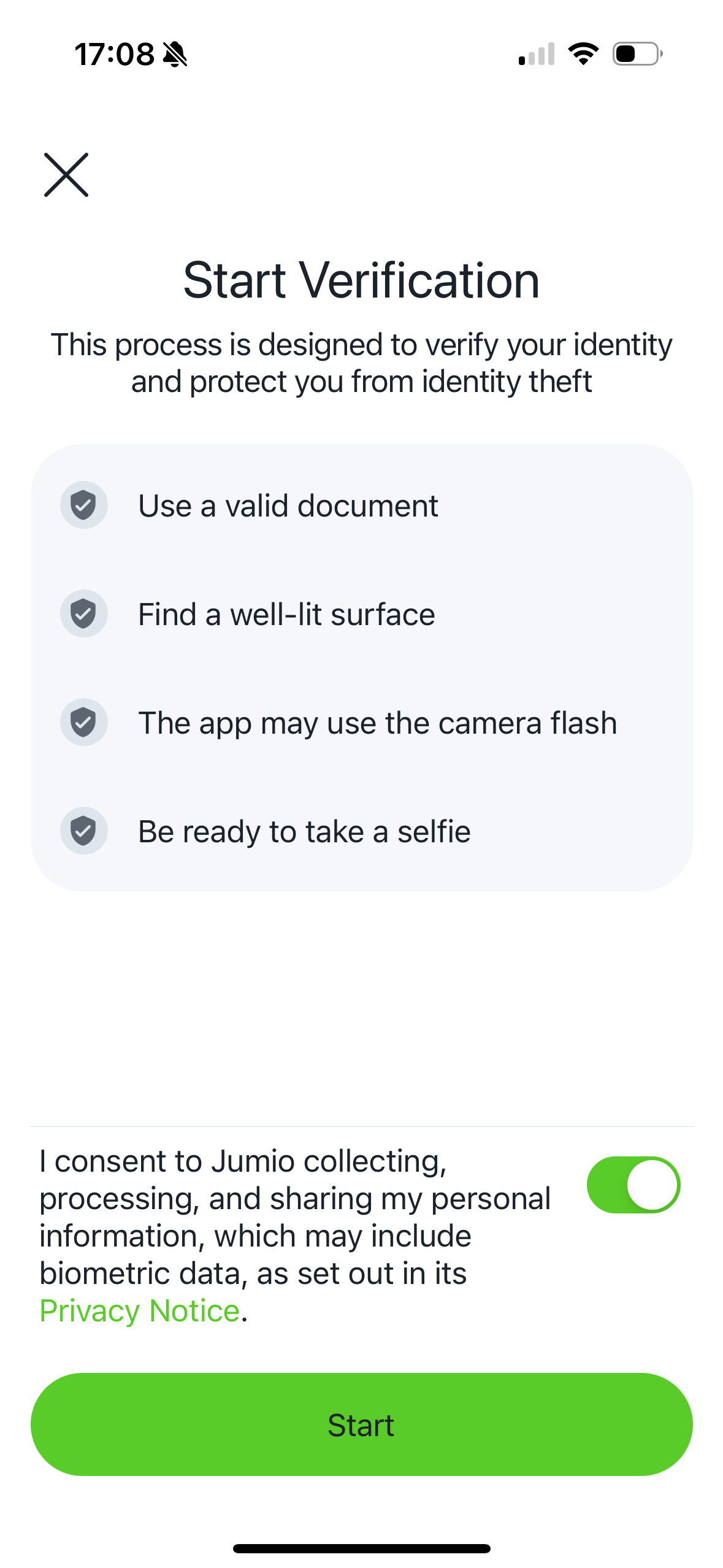 Acquiring active user consent (on)